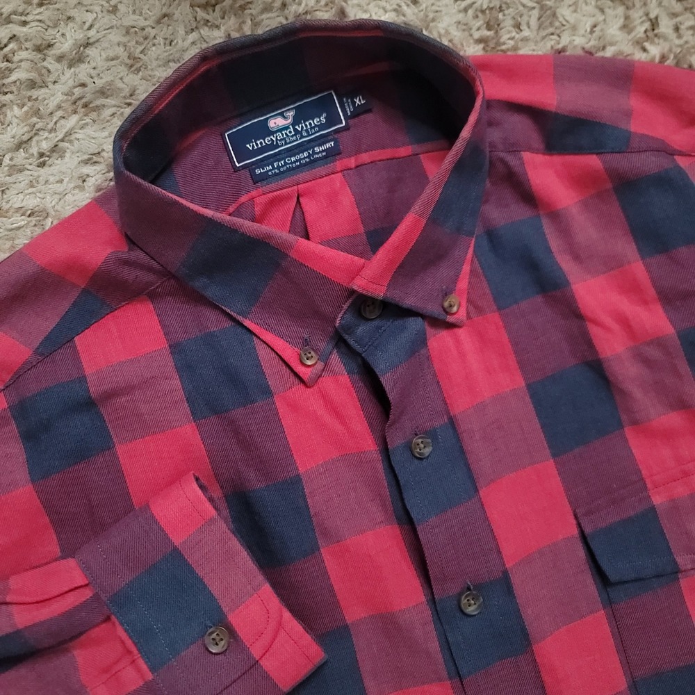 Vineyard Vines Crosby Shirt Mens XL Red Navy Buffalo Check Cotton Linen Slim Fit